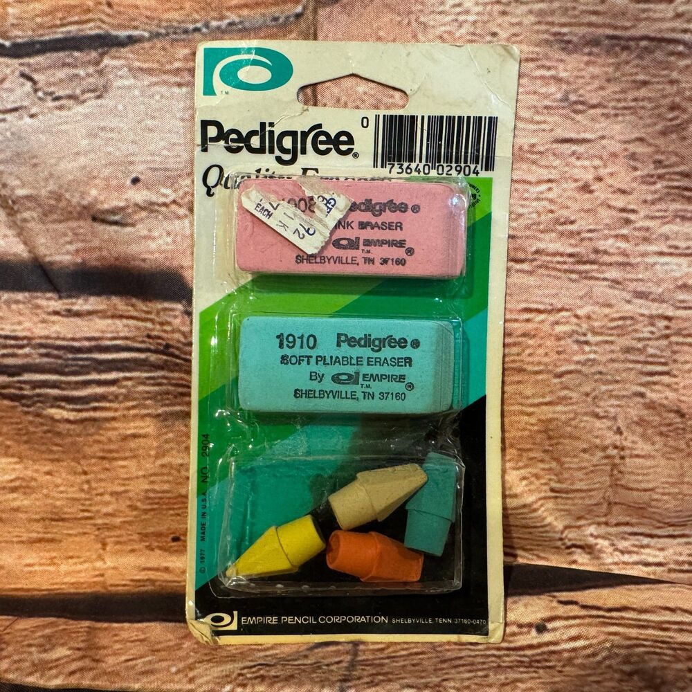 Vintage 1977 Pedigree Eraser Pack Empire Pencil Co Pink Green Cap Erasers Sealed